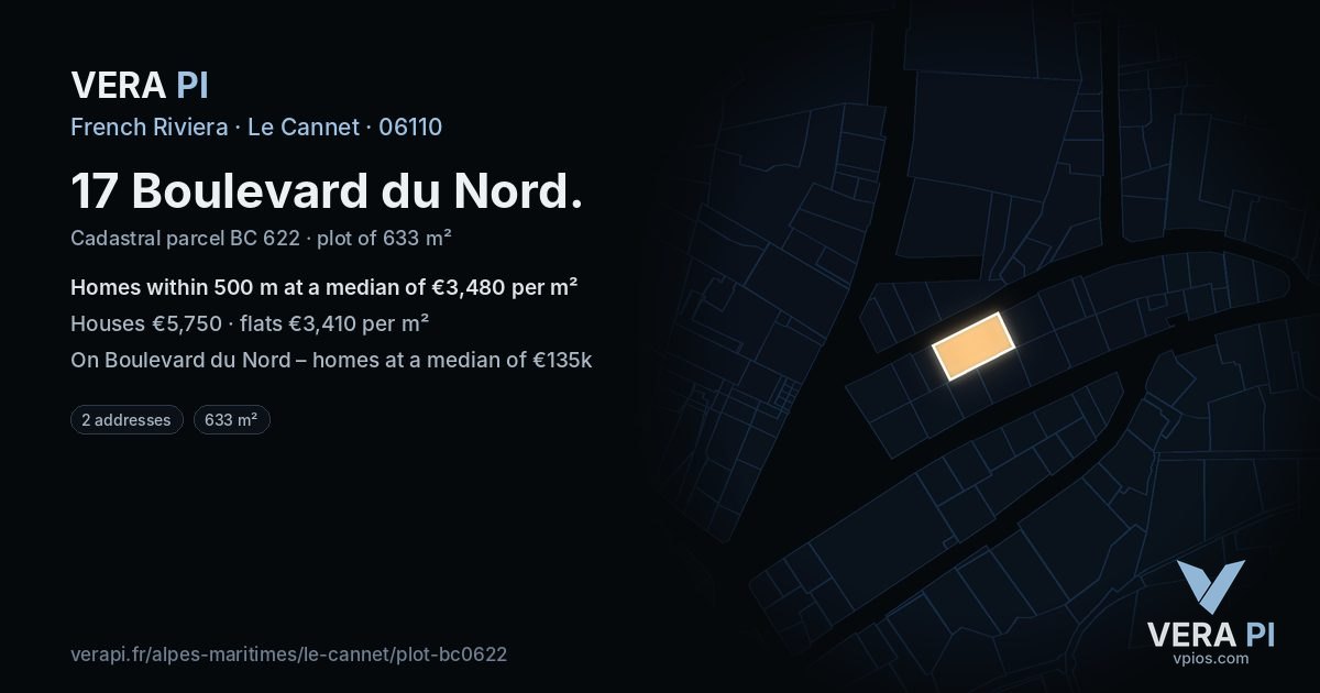 17 Boulevard du Nord, Le Cannet at night – the plot lit, the parcels around coloured by the prices near them
