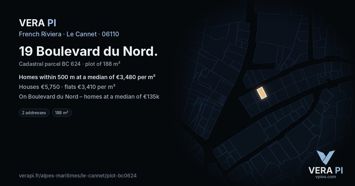 19 Boulevard du Nord, Le Cannet at night – the plot lit, the parcels around coloured by the prices near them