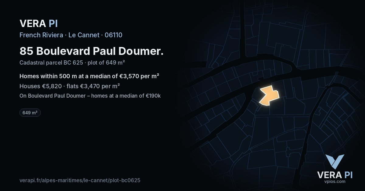 85 Boulevard Paul Doumer, Le Cannet at night – the plot lit, the parcels around coloured by the prices near them