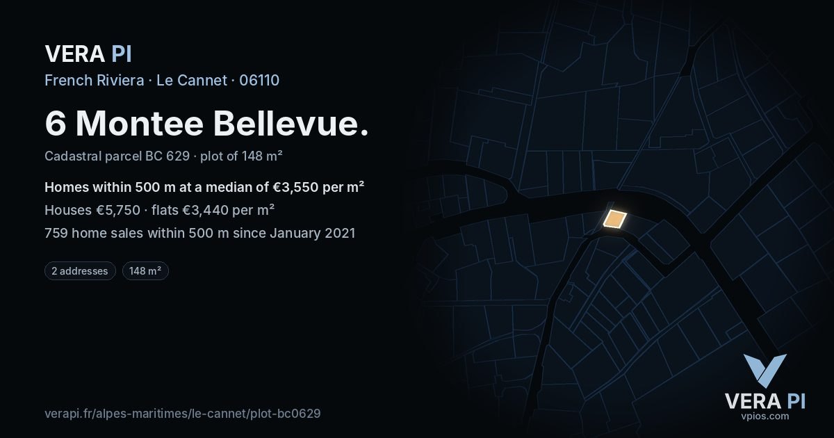 6 Montee Bellevue, Le Cannet at night – the plot lit, the parcels around coloured by the prices near them