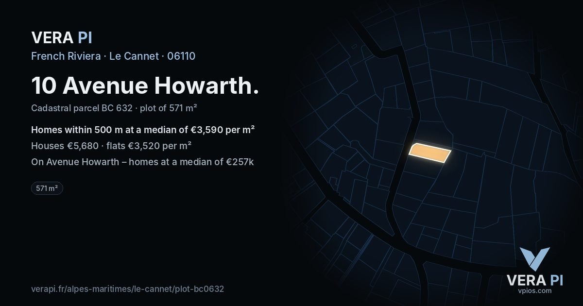 10 Avenue Howarth, Le Cannet at night – the plot lit, the parcels around coloured by the prices near them