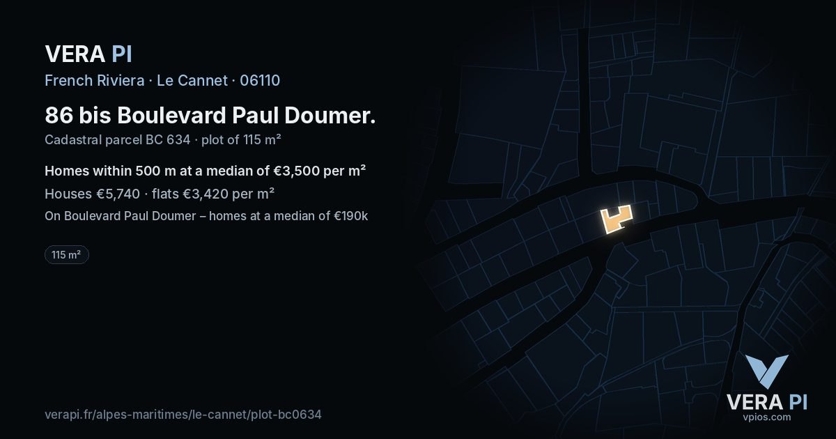 86 bis Boulevard Paul Doumer, Le Cannet at night – the plot lit, the parcels around coloured by the prices near them