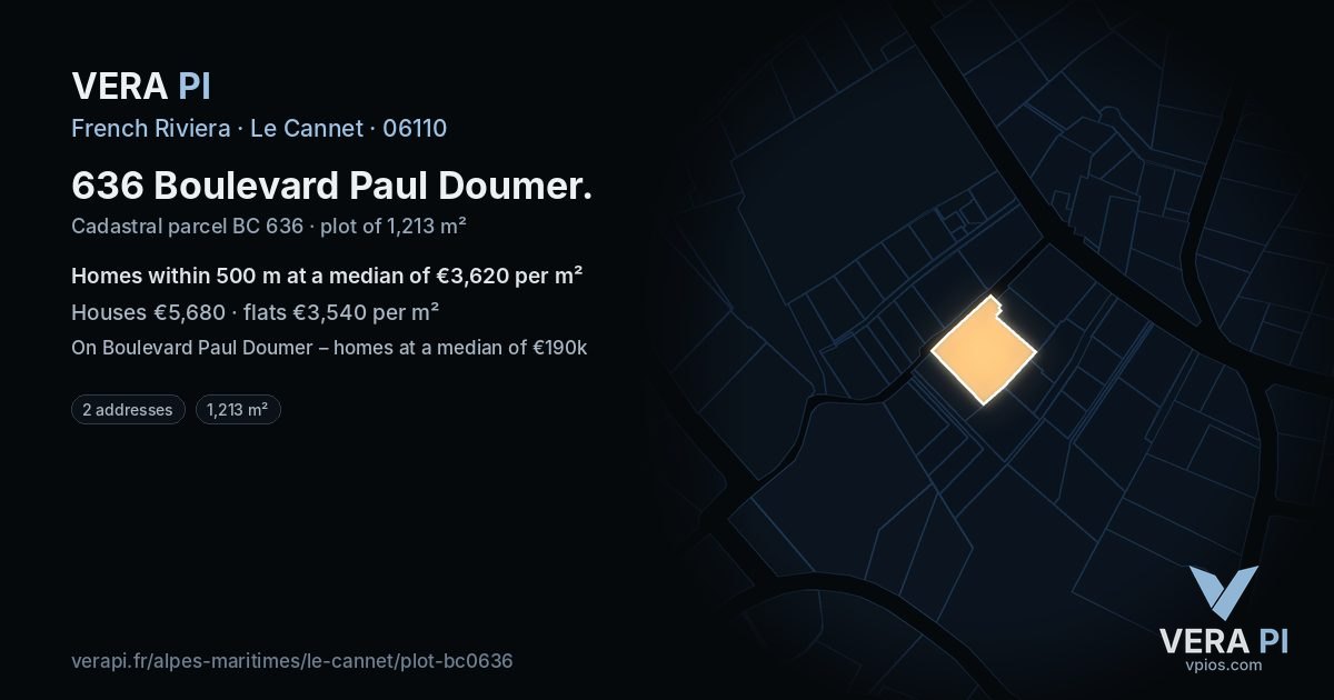 636 Boulevard Paul Doumer, Le Cannet at night – the plot lit, the parcels around coloured by the prices near them