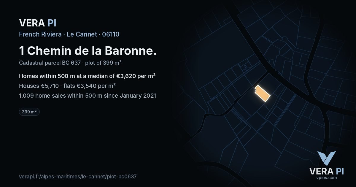 1 Chemin de la Baronne, Le Cannet at night – the plot lit, the parcels around coloured by the prices near them