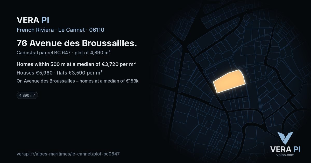 76 Avenue des Broussailles, Le Cannet at night – the plot lit, the parcels around coloured by the prices near them