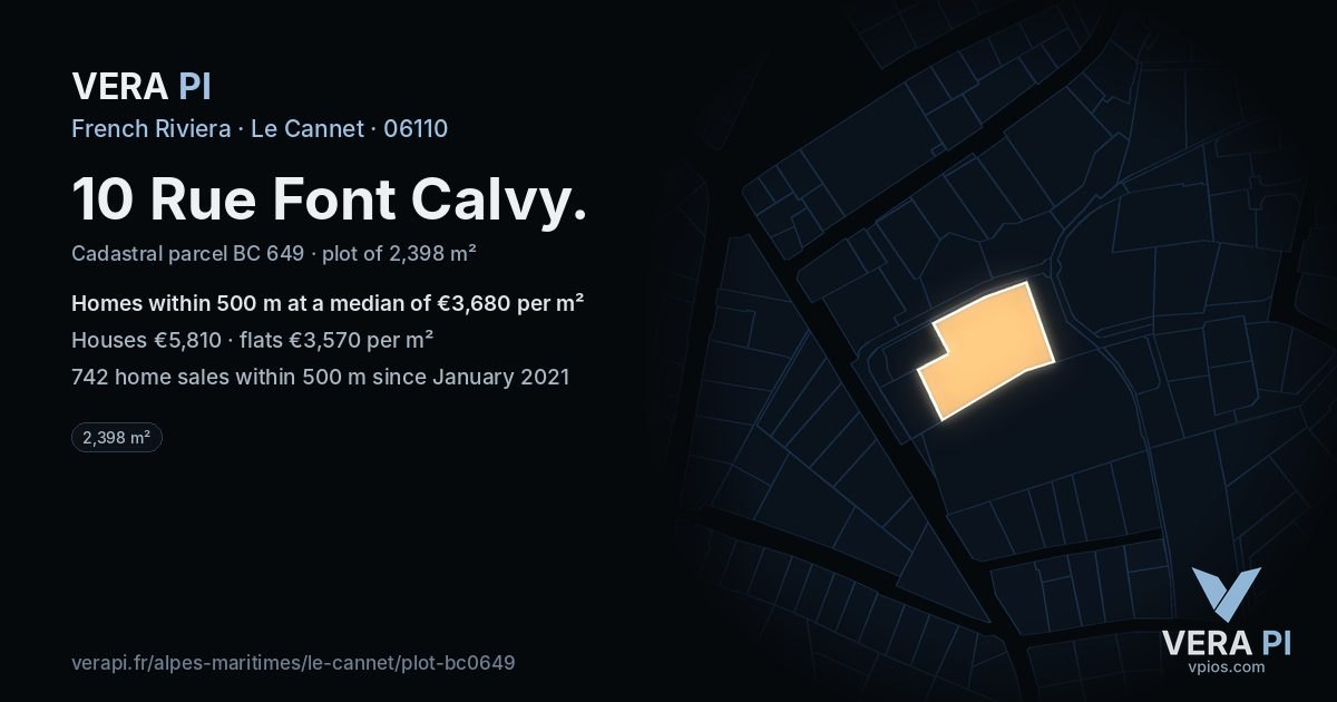 10 Rue Font Calvy, Le Cannet at night – the plot lit, the parcels around coloured by the prices near them