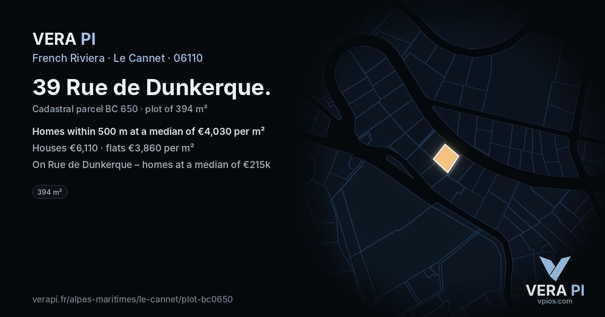39 Rue de Dunkerque, Le Cannet at night – the plot lit, the parcels around coloured by the prices near them