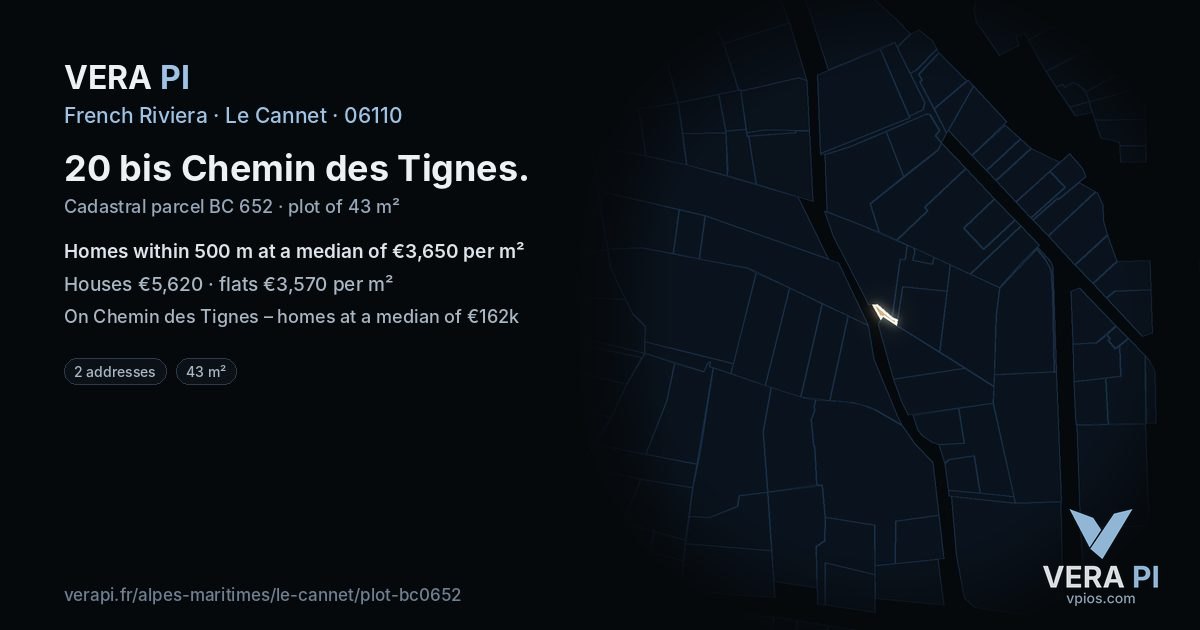 20 bis Chemin des Tignes, Le Cannet at night – the plot lit, the parcels around coloured by the prices near them