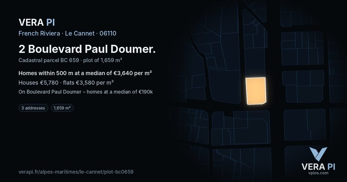 2 Boulevard Paul Doumer, Le Cannet at night – the plot lit, the parcels around coloured by the prices near them