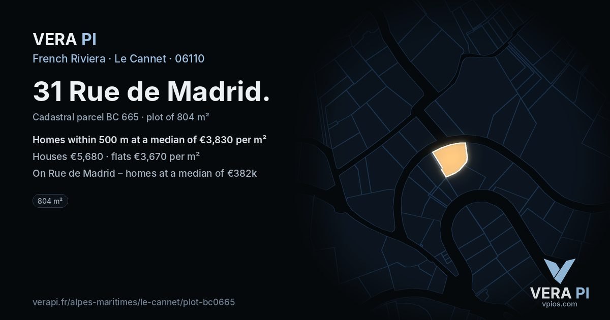 31 Rue de Madrid, Le Cannet at night – the plot lit, the parcels around coloured by the prices near them