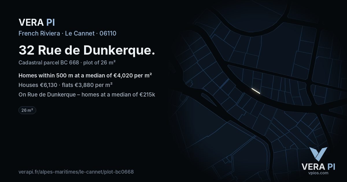 32 Rue de Dunkerque, Le Cannet at night – the plot lit, the parcels around coloured by the prices near them