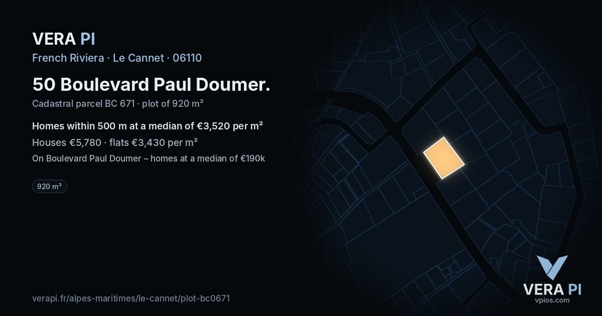50 Boulevard Paul Doumer, Le Cannet at night – the plot lit, the parcels around coloured by the prices near them