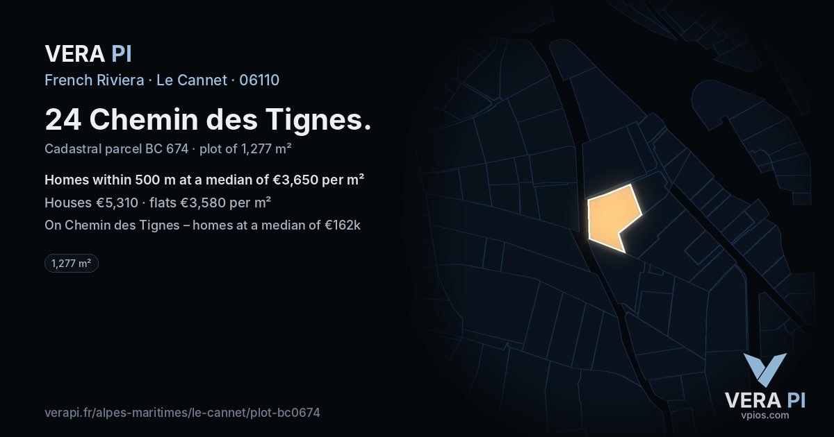 24 Chemin des Tignes, Le Cannet at night – the plot lit, the parcels around coloured by the prices near them