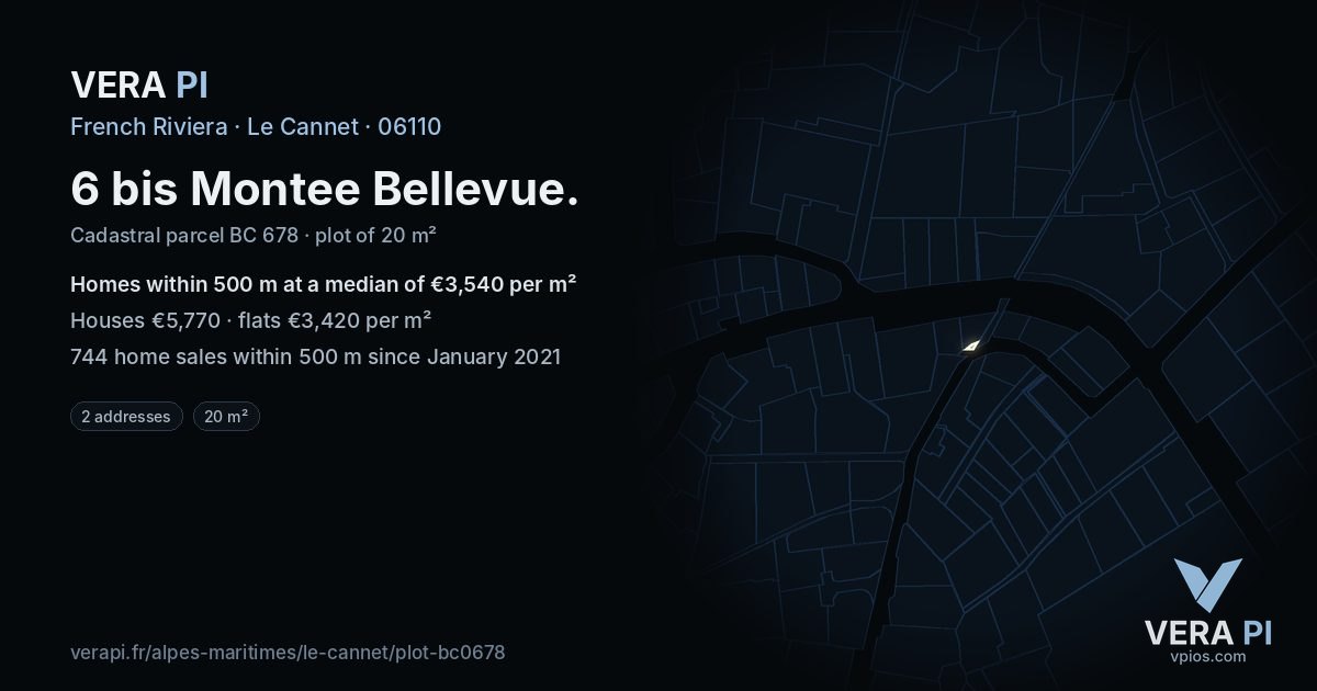 6 bis Montee Bellevue, Le Cannet at night – the plot lit, the parcels around coloured by the prices near them