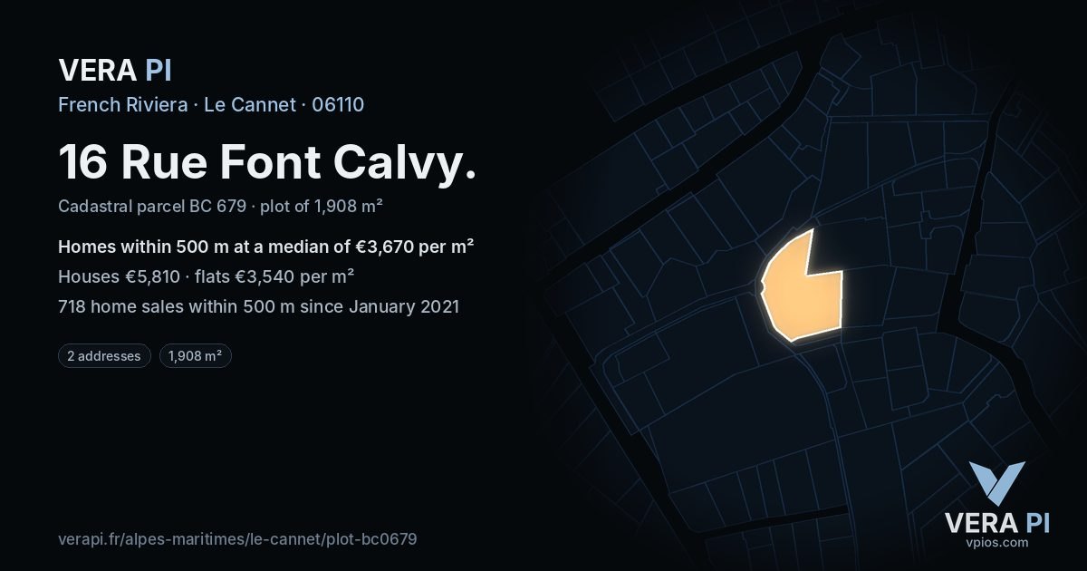 16 Rue Font Calvy, Le Cannet at night – the plot lit, the parcels around coloured by the prices near them