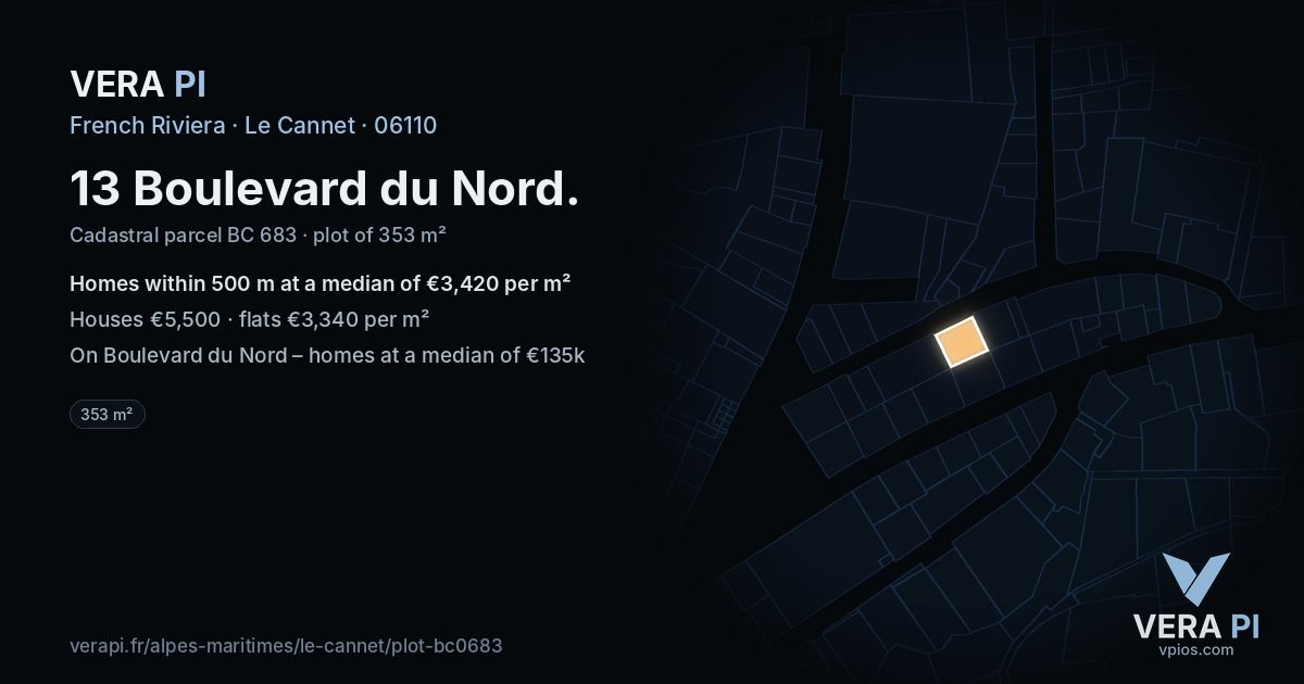13 Boulevard du Nord, Le Cannet at night – the plot lit, the parcels around coloured by the prices near them