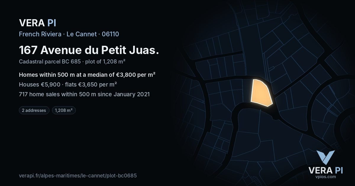 167 Avenue du Petit Juas, Le Cannet at night – the plot lit, the parcels around coloured by the prices near them