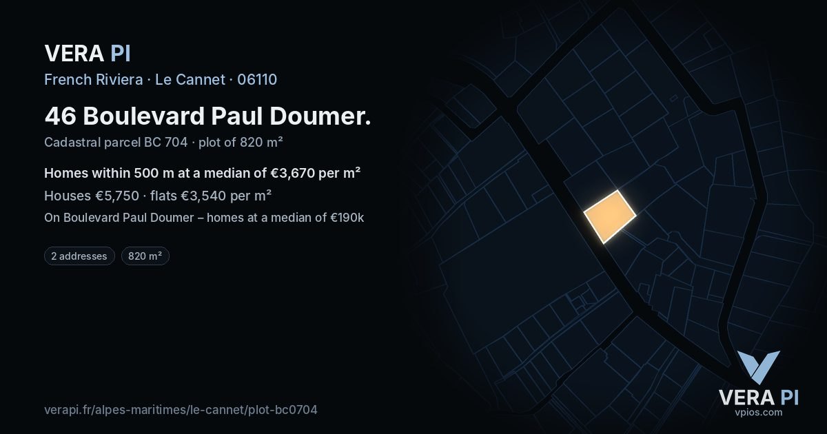 46 Boulevard Paul Doumer, Le Cannet at night – the plot lit, the parcels around coloured by the prices near them