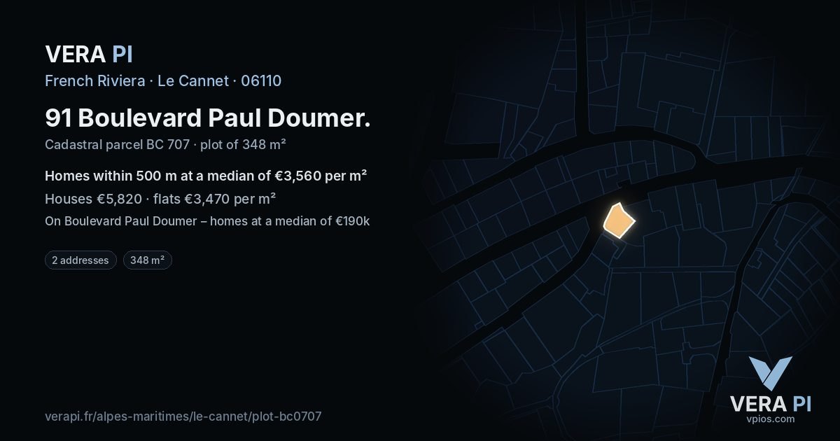 91 Boulevard Paul Doumer, Le Cannet at night – the plot lit, the parcels around coloured by the prices near them