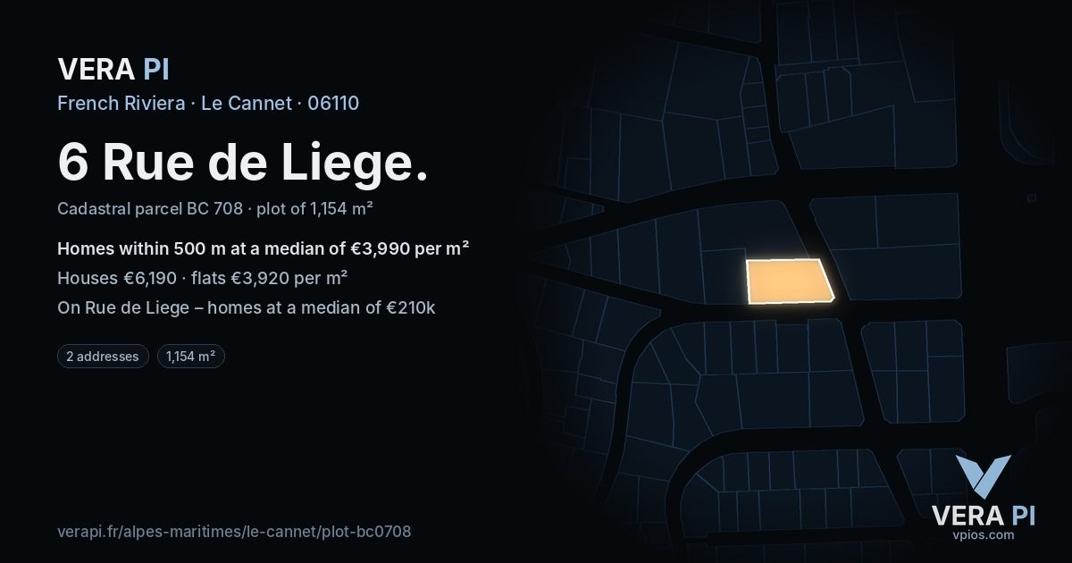 6 Rue de Liege, Le Cannet at night – the plot lit, the parcels around coloured by the prices near them