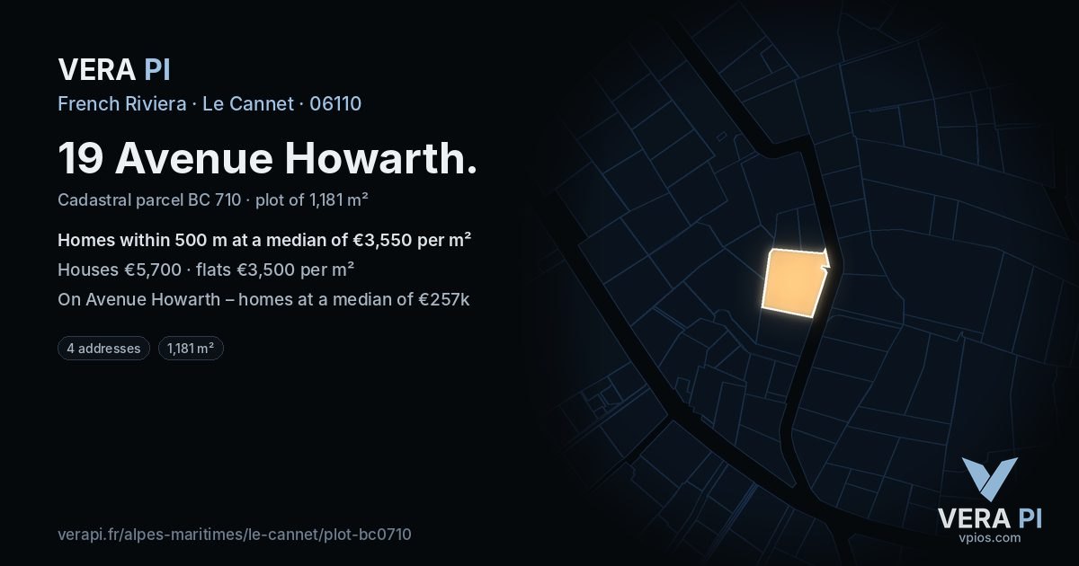 19 Avenue Howarth, Le Cannet at night – the plot lit, the parcels around coloured by the prices near them