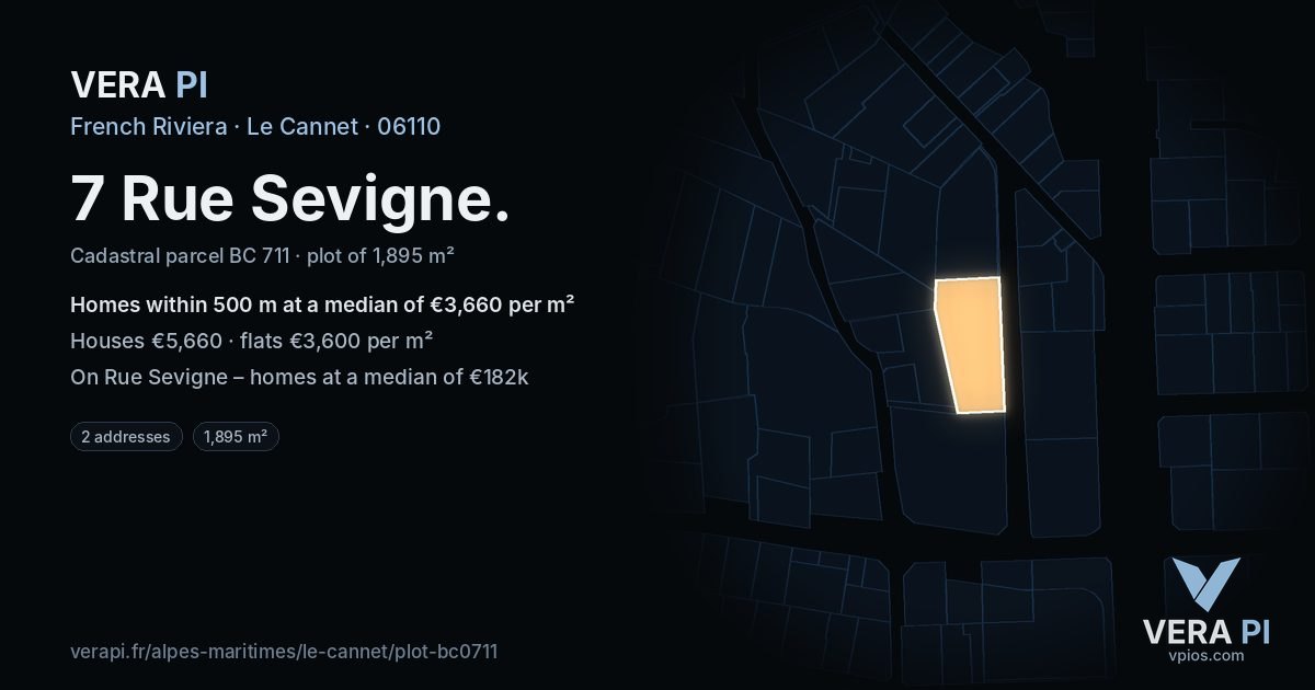7 Rue Sevigne, Le Cannet at night – the plot lit, the parcels around coloured by the prices near them