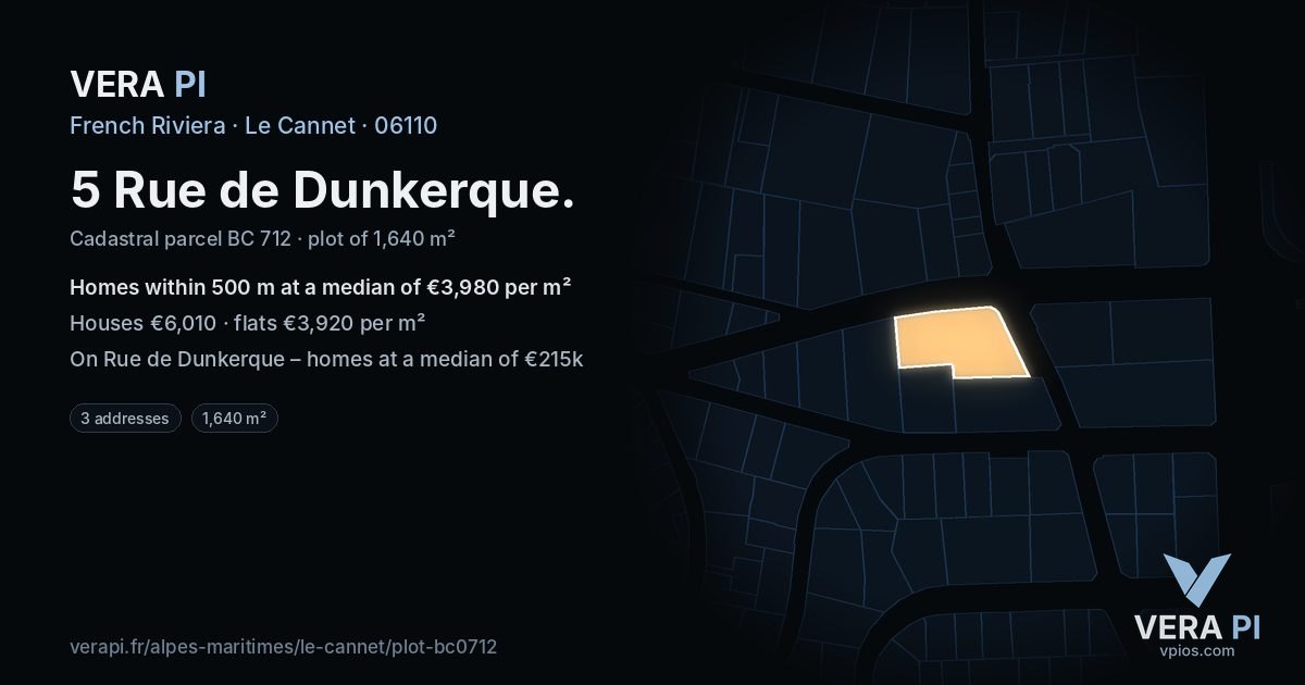 5 Rue de Dunkerque, Le Cannet at night – the plot lit, the parcels around coloured by the prices near them