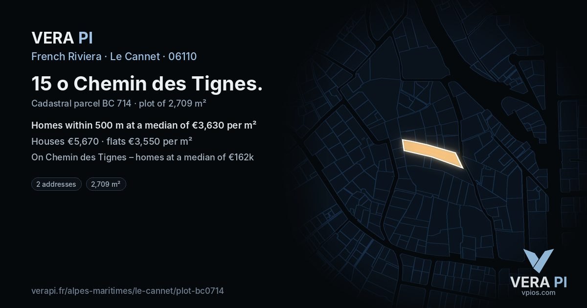 15 o Chemin des Tignes, Le Cannet at night – the plot lit, the parcels around coloured by the prices near them