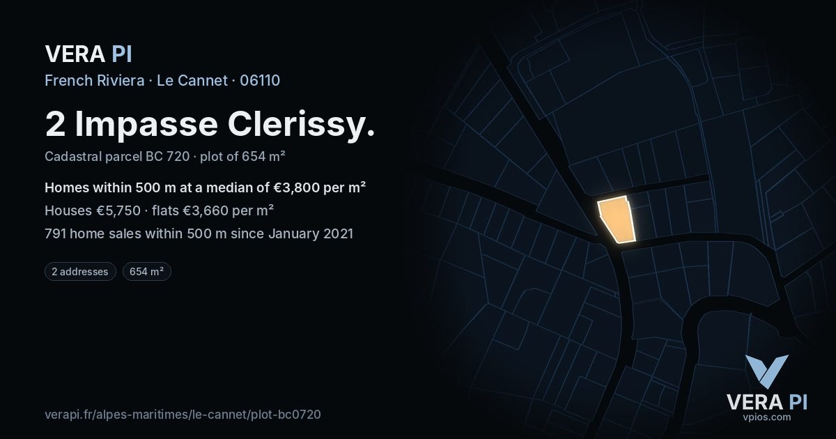 2 Impasse Clerissy, Le Cannet at night – the plot lit, the parcels around coloured by the prices near them