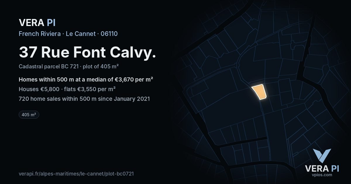 37 Rue Font Calvy, Le Cannet at night – the plot lit, the parcels around coloured by the prices near them