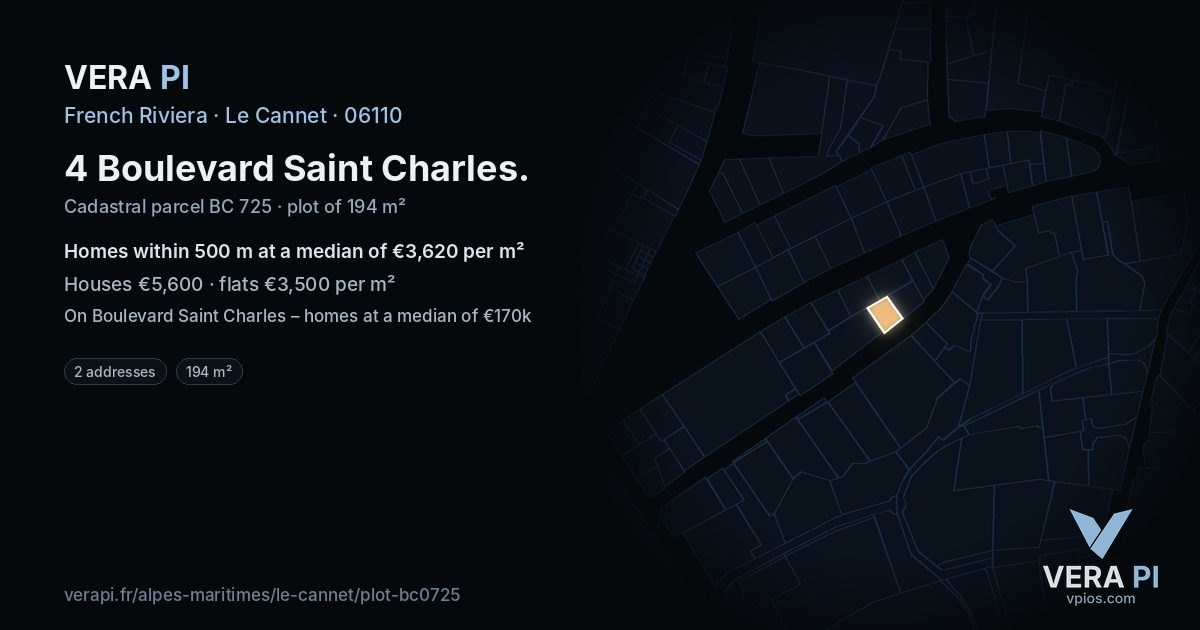 4 Boulevard Saint Charles, Le Cannet at night – the plot lit, the parcels around coloured by the prices near them