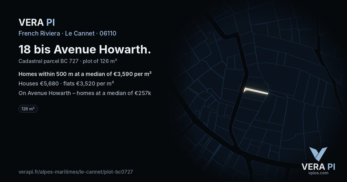 18 bis Avenue Howarth, Le Cannet at night – the plot lit, the parcels around coloured by the prices near them