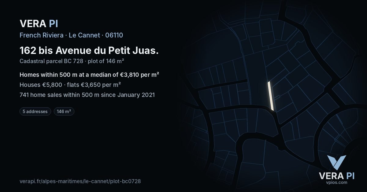 162 bis Avenue du Petit Juas, Le Cannet at night – the plot lit, the parcels around coloured by the prices near them
