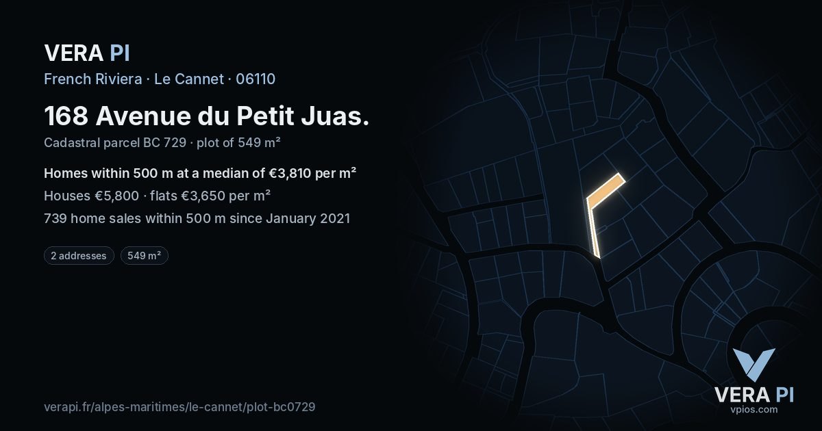 168 Avenue du Petit Juas, Le Cannet at night – the plot lit, the parcels around coloured by the prices near them