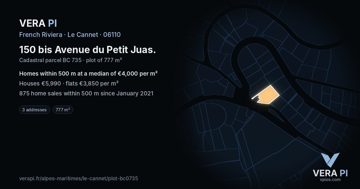 150 bis Avenue du Petit Juas, Le Cannet at night – the plot lit, the parcels around coloured by the prices near them