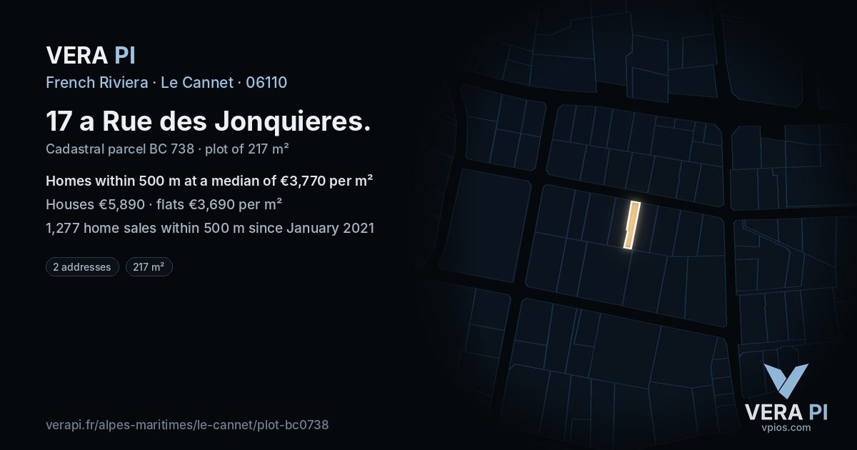 17 a Rue des Jonquieres, Le Cannet at night – the plot lit, the parcels around coloured by the prices near them
