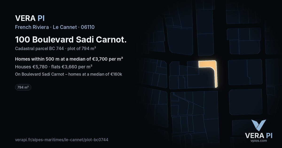 100 Boulevard Sadi Carnot, Le Cannet at night – the plot lit, the parcels around coloured by the prices near them