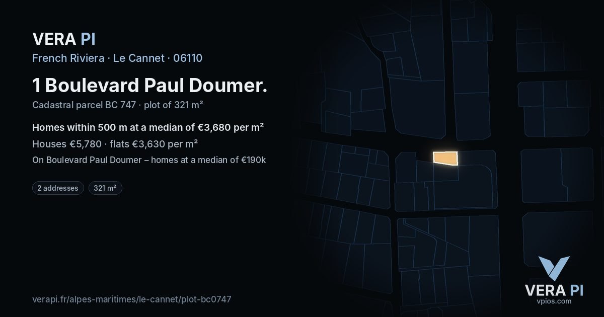 1 Boulevard Paul Doumer, Le Cannet at night – the plot lit, the parcels around coloured by the prices near them