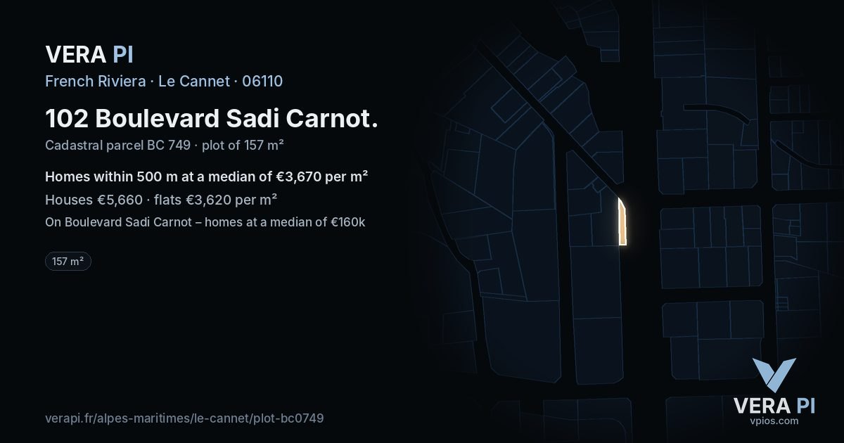 102 Boulevard Sadi Carnot, Le Cannet at night – the plot lit, the parcels around coloured by the prices near them