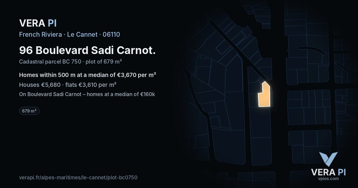 96 Boulevard Sadi Carnot, Le Cannet at night – the plot lit, the parcels around coloured by the prices near them