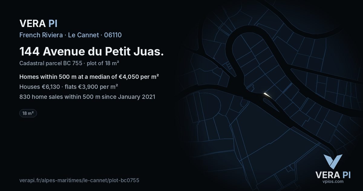 144 Avenue du Petit Juas, Le Cannet at night – the plot lit, the parcels around coloured by the prices near them