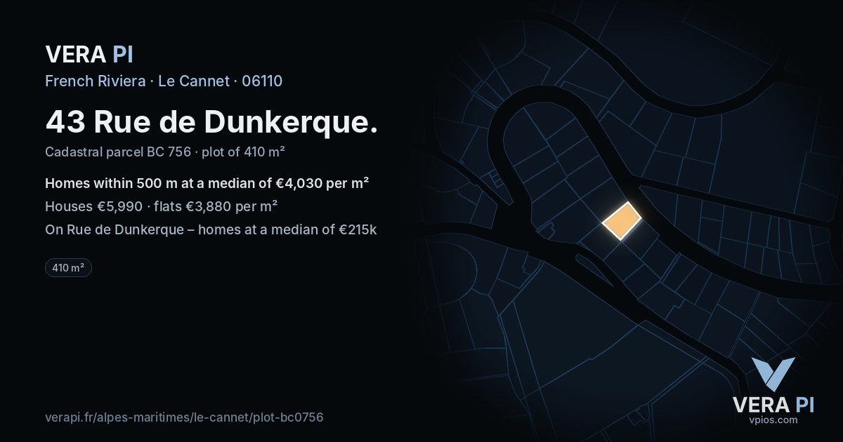 43 Rue de Dunkerque, Le Cannet at night – the plot lit, the parcels around coloured by the prices near them