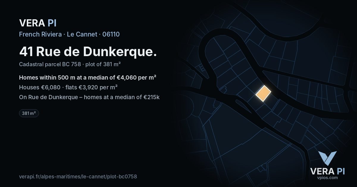 41 Rue de Dunkerque, Le Cannet at night – the plot lit, the parcels around coloured by the prices near them