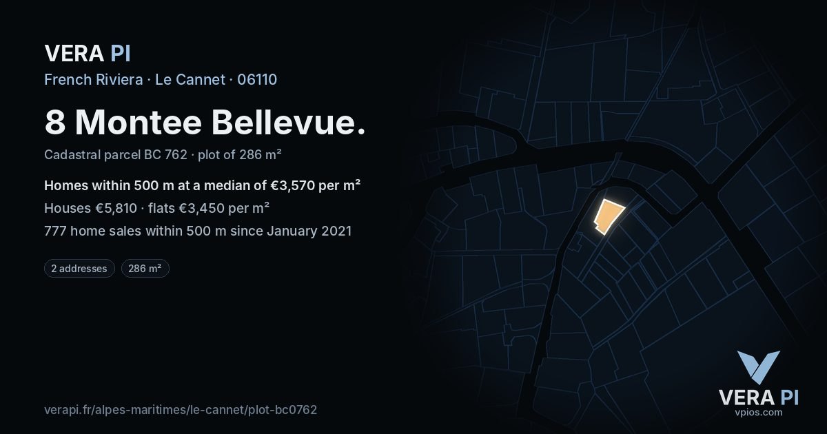 8 Montee Bellevue, Le Cannet at night – the plot lit, the parcels around coloured by the prices near them