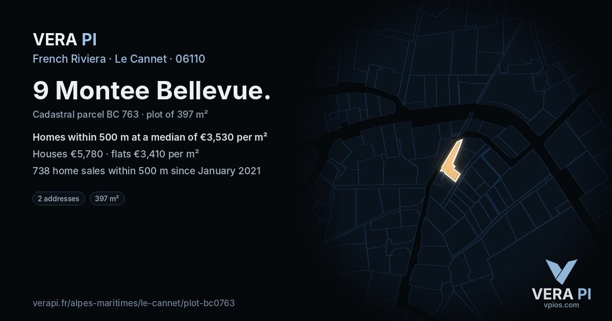 9 Montee Bellevue, Le Cannet at night – the plot lit, the parcels around coloured by the prices near them