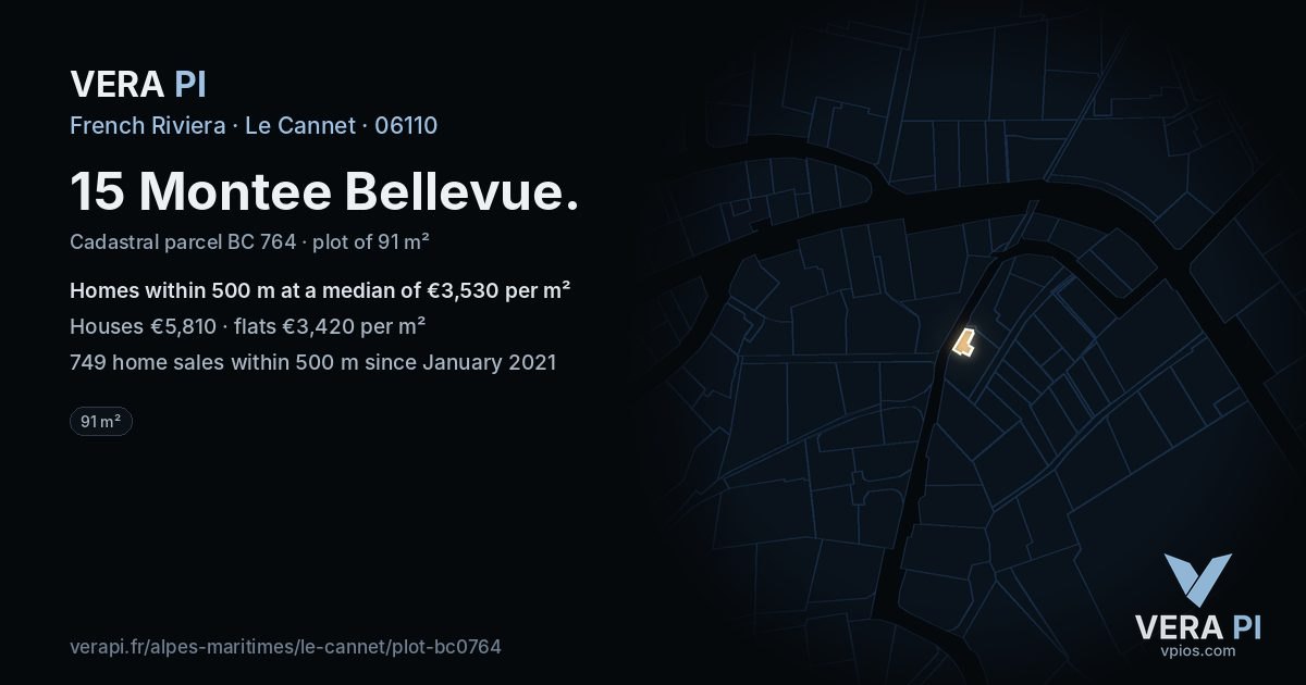 15 Montee Bellevue, Le Cannet at night – the plot lit, the parcels around coloured by the prices near them
