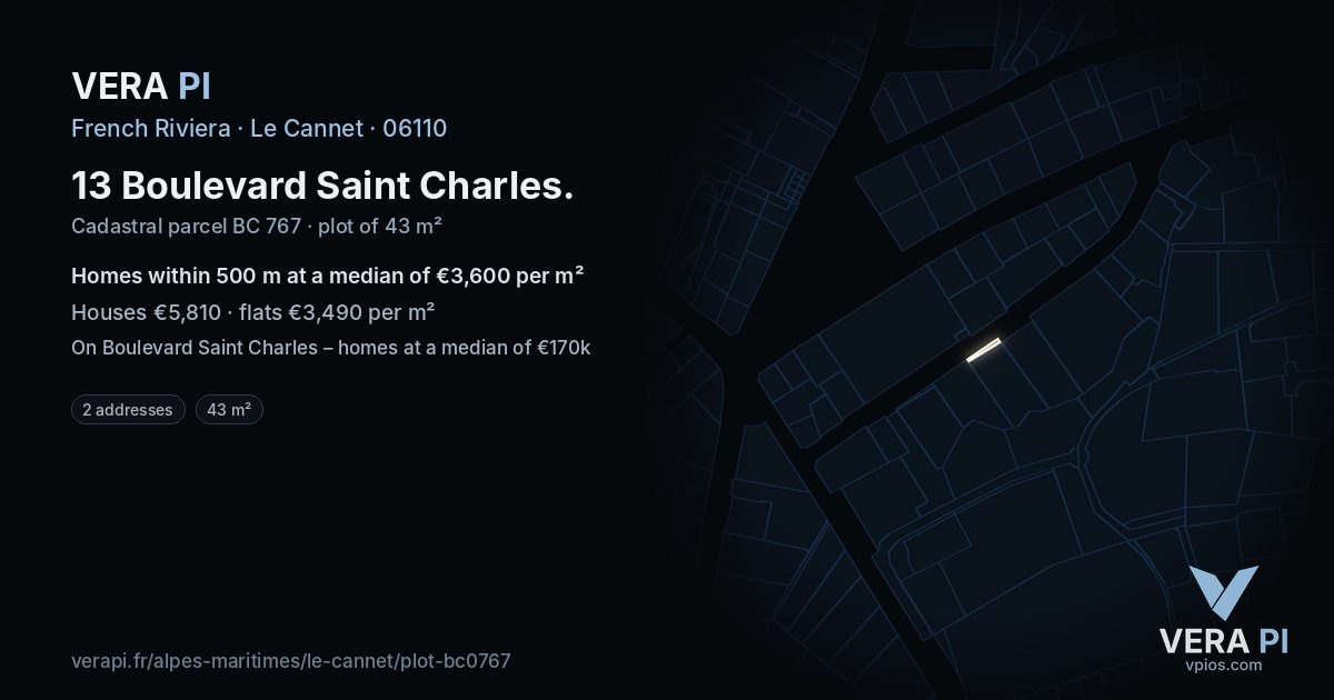 13 Boulevard Saint Charles, Le Cannet at night – the plot lit, the parcels around coloured by the prices near them