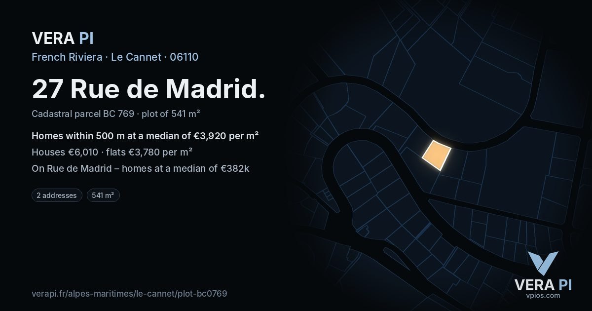 27 Rue de Madrid, Le Cannet at night – the plot lit, the parcels around coloured by the prices near them