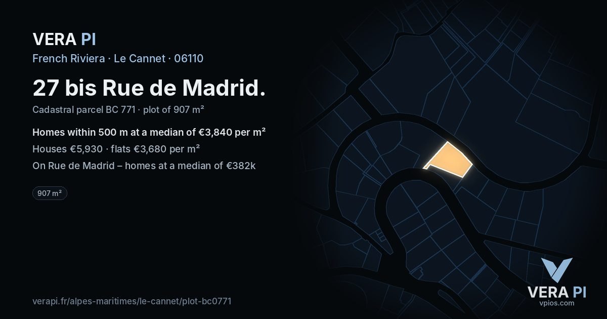 27 bis Rue de Madrid, Le Cannet at night – the plot lit, the parcels around coloured by the prices near them