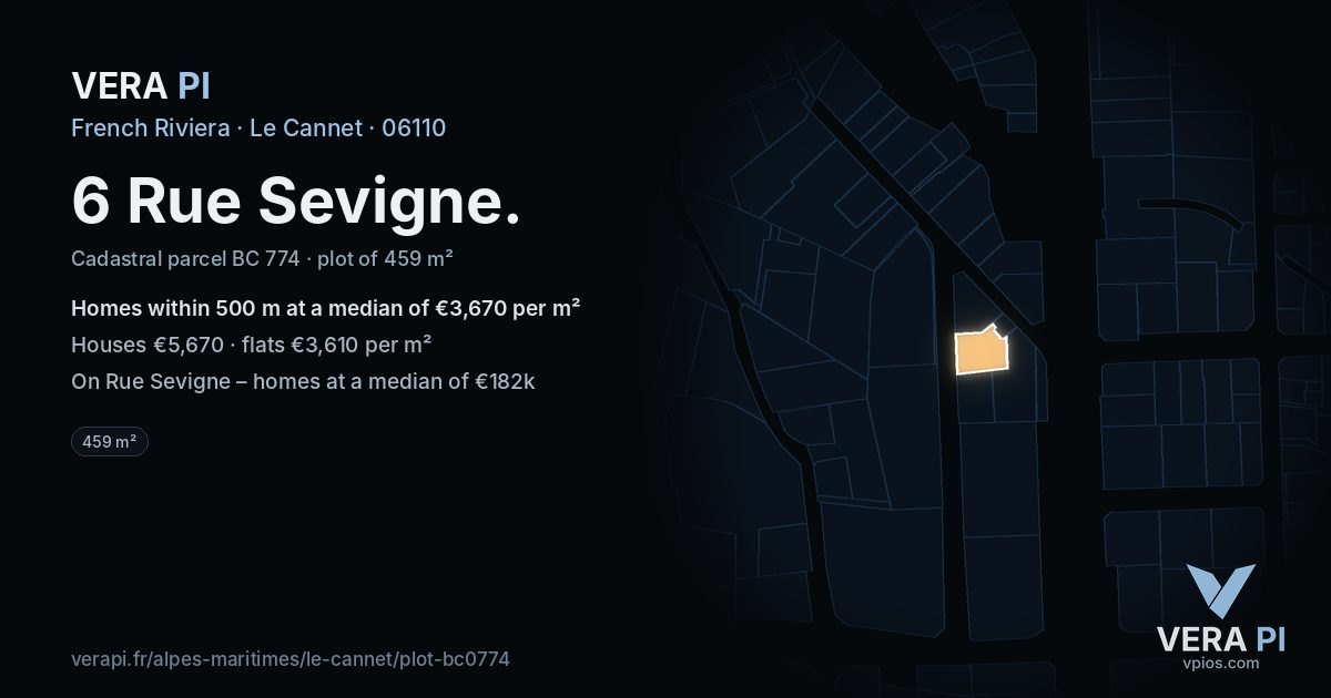 6 Rue Sevigne, Le Cannet at night – the plot lit, the parcels around coloured by the prices near them